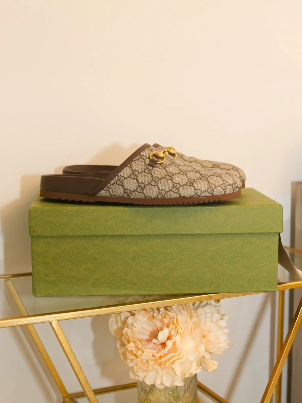Gucci Brown Supreme Mule Loafers with Gold Horsebit